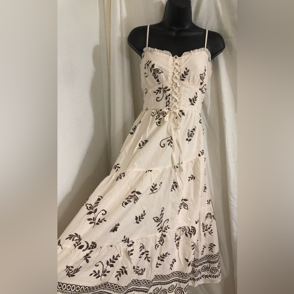 Trixxi cream brown multi floral laceup front fit & flare dress size XL brand new